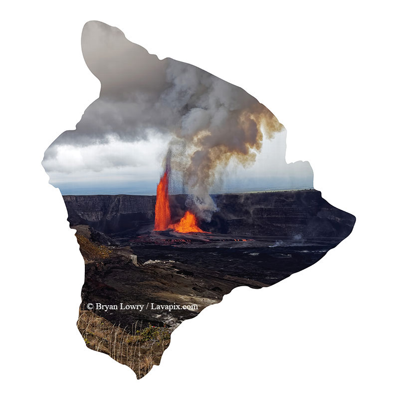 Episode 15_BJL7772 Bird_Big Island.jpg :: The white-tailed tropicbird, also known as Koa'e kea in Hawaiian, is a seabird that breeds on tropical islands and lives in the crater walls of Kilauea Volcano's Halemaumau Vent.
Adults have a 3-foot wingspan.
Episode 15 eruption, Lava fountain, Kilauea volcano, Hawaii Volcanoes National Park, The Big Island of Hawaii. 3-26-25

?Printed in the shape of The Big Island of Hawaii
