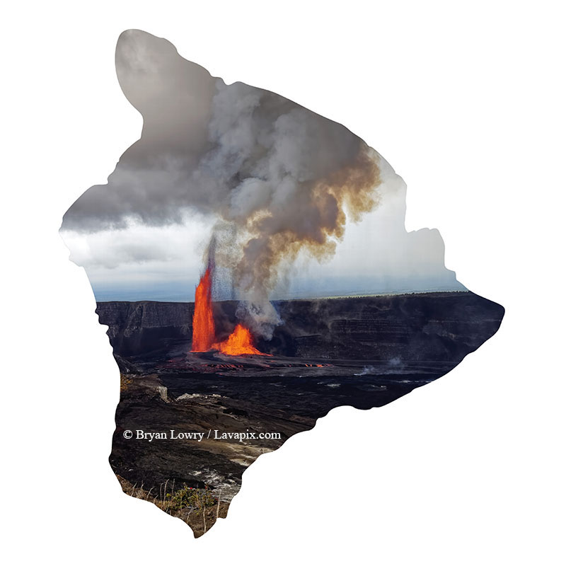 Episode 15_BJL7772-2 Big Island.jpg :: The white-tailed tropicbird, also known as Koa'e kea in Hawaiian, is a seabird that breeds on tropical islands and lives in the crater walls of Kilauea Volcano's Halemaumau Vent.
Adults have a 3-foot wingspan.
Episode 15 eruption, Lava fountain, Kilauea volcano, Hawaii Volcanoes National Park, The Big Island of Hawaii. 3-26-25

?Printed in the shape of The Big Island of Hawaii

