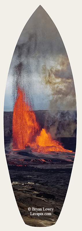 Episode 15_BJL7791s-2.jpg :: The white-tailed tropicbird, also known as Koa'e kea in Hawaiian, is a seabird that breeds on tropical islands and lives in the crater walls of Kilauea Volcano's Halemaumau Vent.
Adults have a 3-foot wingspan.
Episode 15 eruption, Lava fountain, Kilauea volcano, Hawaii Volcanoes National Park, The Big Island of Hawaii. 3-26-25

?Printed in the shape of a surfboard