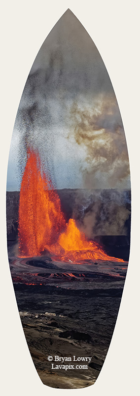 Episode 15_BJL7792 Bird.jpg :: The white-tailed tropicbird, also known as Koa'e kea in Hawaiian, is a seabird that breeds on tropical islands and lives in the crater walls of Kilauea Volcano's Halemaumau Vent.
Adults have a 3-foot wingspan.
Episode 15 eruption, Lava fountain, Kilauea volcano, Hawaii Volcanoes National Park, The Big Island of Hawaii. 3-26-25

?Printed in the shape of a surfboard