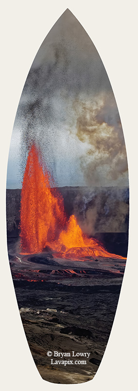 Episode 15_BJL7793 Bird.jpg :: The white-tailed tropicbird, also known as Koa'e kea in Hawaiian, is a seabird that breeds on tropical islands and lives in the crater walls of Kilauea Volcano's Halemaumau Vent.
Adults have a 3-foot wingspan.
Episode 15 eruption, Lava fountain, Kilauea volcano, Hawaii Volcanoes National Park, The Big Island of Hawaii. 3-26-25

?Printed in the shape of a surfboard