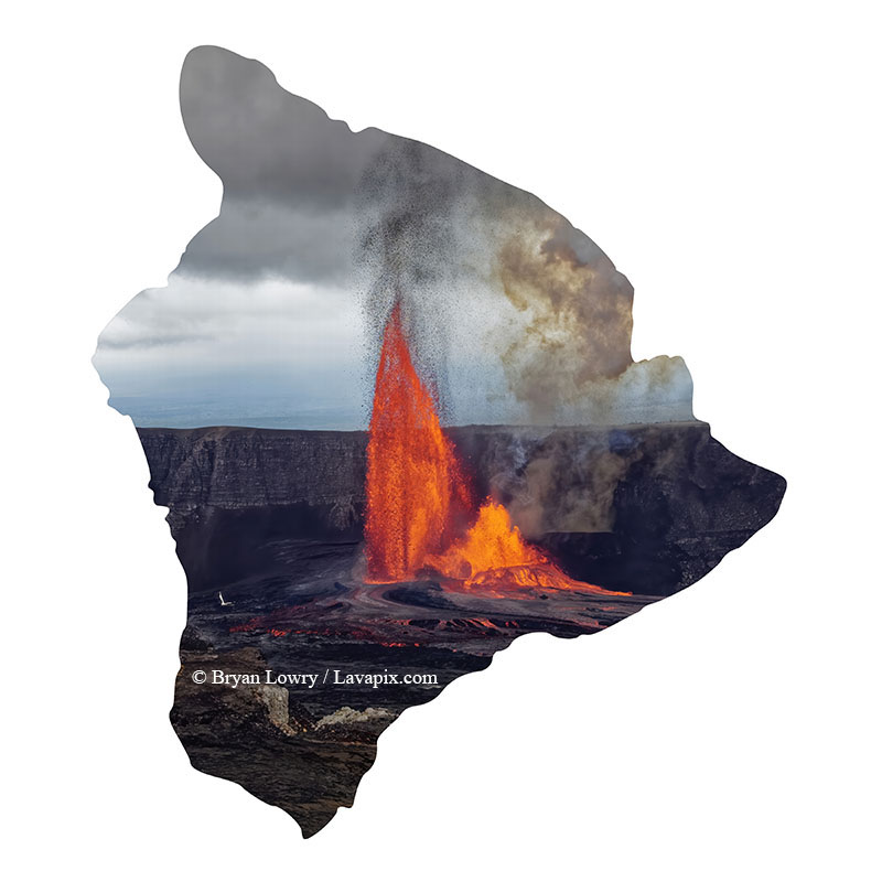 Episode 15_BJL7795 Bird_Big Island.jpg :: The white-tailed tropicbird, also known as Koa'e kea in Hawaiian, is a seabird that breeds on tropical islands and lives in the crater walls of Kilauea Volcano's Halemaumau Vent.
Adults have a 3-foot wingspan.
Episode 15 eruption, Lava fountain, Kilauea volcano, Hawaii Volcanoes National Park, The Big Island of Hawaii. 3-26-25

?Printed in the shape of The Big Island of Hawaii
