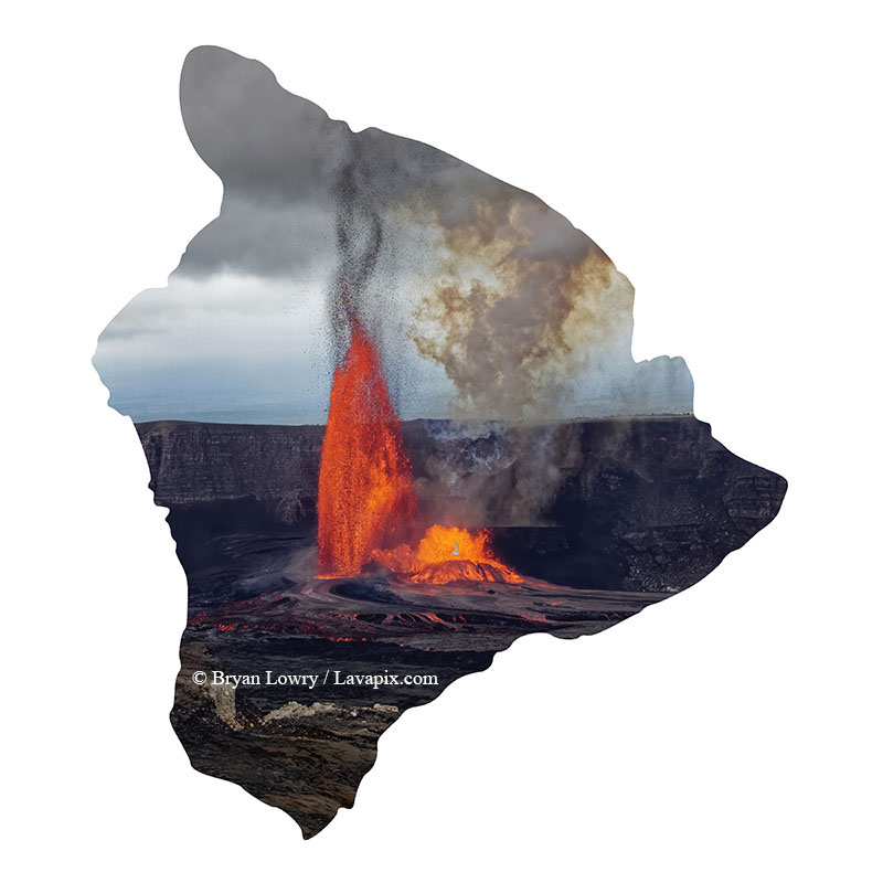 Episode 15_BJL7798 Bird_Big Island.jpg :: The white-tailed tropicbird, also known as Koa'e kea in Hawaiian, is a seabird that breeds on tropical islands and lives in the crater walls of Kilauea Volcano's Halemaumau Vent.
Adults have a 3-foot wingspan.
Episode 15 eruption, Lava fountain, Kilauea volcano, Hawaii Volcanoes National Park, The Big Island of Hawaii. 3-26-25

?Printed in the shape of The Big Island of Hawaii
