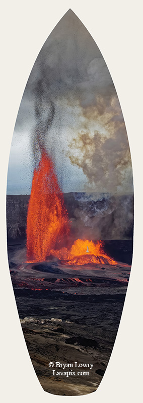 Episode 15_BJL7798 Bird.jpg :: The white-tailed tropicbird, also known as Koa'e kea in Hawaiian, is a seabird that breeds on tropical islands and lives in the crater walls of Kilauea Volcano's Halemaumau Vent.
Adults have a 3-foot wingspan.
Episode 15 eruption, Lava fountain, Kilauea volcano, Hawaii Volcanoes National Park, The Big Island of Hawaii. 3-26-25

?Printed in the shape of a surfboard