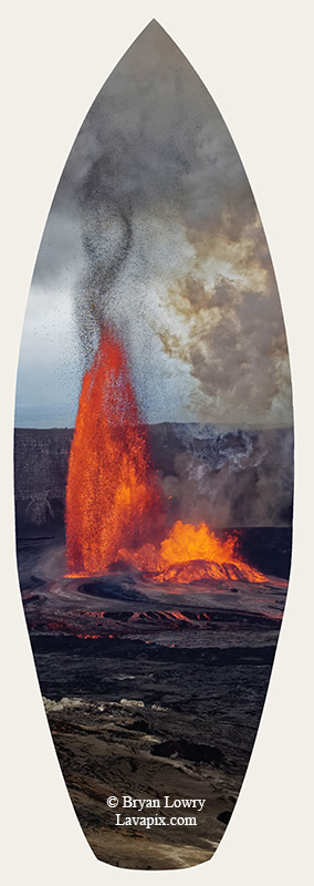 Episode 15_BJL7799s.jpg :: The white-tailed tropicbird, also known as Koa'e kea in Hawaiian, is a seabird that breeds on tropical islands and lives in the crater walls of Kilauea Volcano's Halemaumau Vent.
Adults have a 3-foot wingspan.
Episode 15 eruption, Lava fountain, Kilauea volcano, Hawaii Volcanoes National Park, The Big Island of Hawaii. 3-26-25

?Printed in the shape of a surfboard