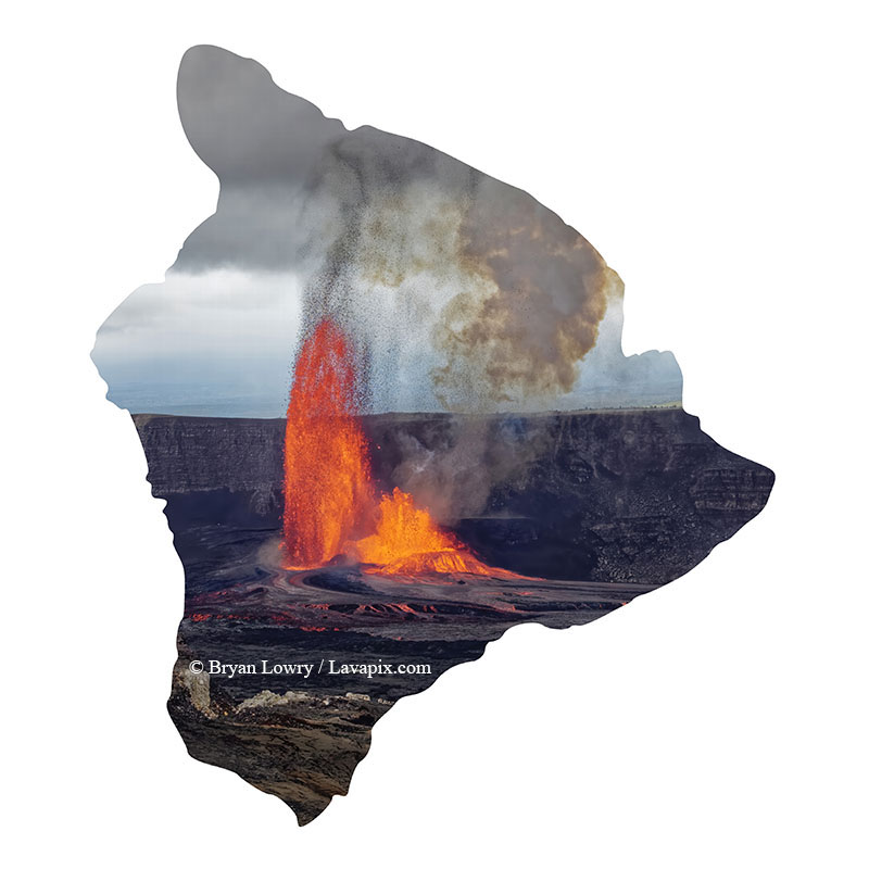 Episode 15_BJL7801 Bird_Big Island.jpg :: The white-tailed tropicbird, also known as Koa'e kea in Hawaiian, is a seabird that breeds on tropical islands and lives in the crater walls of Kilauea Volcano's Halemaumau Vent.
Adults have a 3-foot wingspan.
Episode 15 eruption, Lava fountain, Kilauea volcano, Hawaii Volcanoes National Park, The Big Island of Hawaii. 3-26-25

?Printed in the shape of The Big Island of Hawaii
