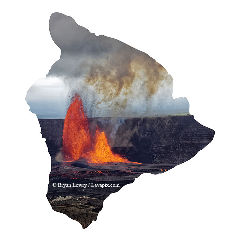 Episode 15_BJL7805 Bird_Big Island.jpg :: The white-tailed tropicbird, also known as Koa'e kea in Hawaiian, is a seabird that breeds on tropical islands and lives in the crater walls of Kilauea Volcano's Halemaumau Vent.
Adults have a 3-foot wingspan.
Episode 15 eruption, Lava fountain, Kilauea volcano, Hawaii Volcanoes National Park, The Big Island of Hawaii. 3-26-25

?Printed in the shape of The Big Island of Hawaii
