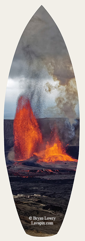 Episode 15_BJL7814s Bird.jpg :: The white-tailed tropicbird, also known as Koa'e kea in Hawaiian, is a seabird that breeds on tropical islands and lives in the crater walls of Kilauea Volcano's Halemaumau Vent.
Adults have a 3-foot wingspan.
Episode 15 eruption, Lava fountain, Kilauea volcano, Hawaii Volcanoes National Park, The Big Island of Hawaii. 3-26-25

?Printed in the shape of a surfboard