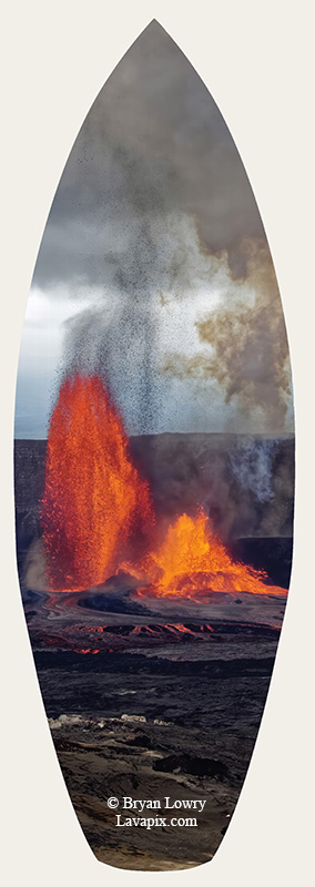 Episode 15_BJL7816s Bird.jpg :: The white-tailed tropicbird, also known as Koa'e kea in Hawaiian, is a seabird that breeds on tropical islands and lives in the crater walls of Kilauea Volcano's Halemaumau Vent.
Adults have a 3-foot wingspan.
Episode 15 eruption, Lava fountain, Kilauea volcano, Hawaii Volcanoes National Park, The Big Island of Hawaii. 3-26-25

?Printed in the shape of a surfboard