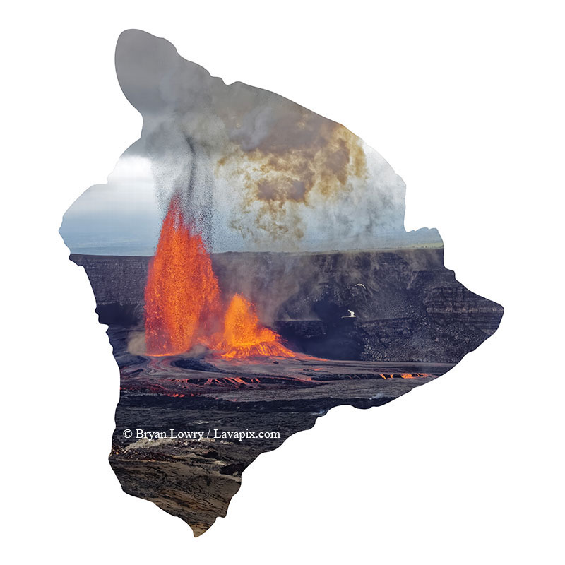 Episode 15_BJL7817 Birds3_Big Island.jpg :: The white-tailed tropicbird, also known as Koa'e kea in Hawaiian, is a seabird that breeds on tropical islands and lives in the crater walls of Kilauea Volcano's Halemaumau Vent.
Adults have a 3-foot wingspan.
Episode 15 eruption, Lava fountain, Kilauea volcano, Hawaii Volcanoes National Park, The Big Island of Hawaii. 3-26-25

?Printed in the shape of The Big Island of Hawaii
