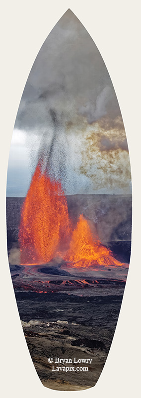 Episode 15_BJL7818s Bird.jpg :: The white-tailed tropicbird, also known as Koa'e kea in Hawaiian, is a seabird that breeds on tropical islands and lives in the crater walls of Kilauea Volcano's Halemaumau Vent.
Adults have a 3-foot wingspan.
Episode 15 eruption, Lava fountain, Kilauea volcano, Hawaii Volcanoes National Park, The Big Island of Hawaii. 3-26-25

?Printed in the shape of a surfboard