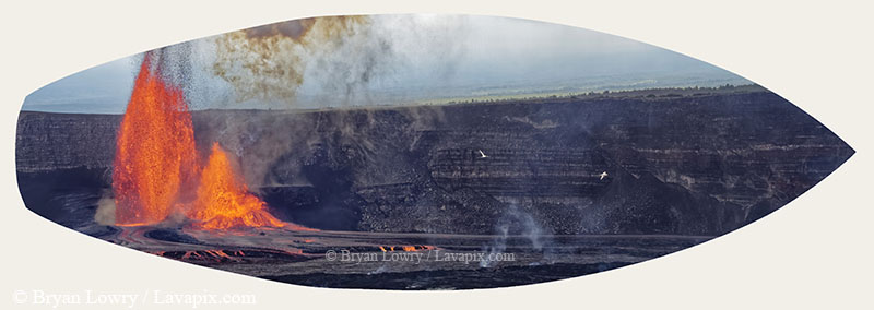 Episode 15_BJL7818s-2H Bird(1).jpg :: The white-tailed tropicbird, also known as Koa'e kea in Hawaiian, is a seabird that breeds on tropical islands and lives in the crater walls of Kilauea Volcano's Halemaumau Vent.
Adults have a 3-foot wingspan.
Episode 15 eruption, Lava fountain, Kilauea volcano, Hawaii Volcanoes National Park, The Big Island of Hawaii. 3-26-25

?Printed in the shape of a surfboard