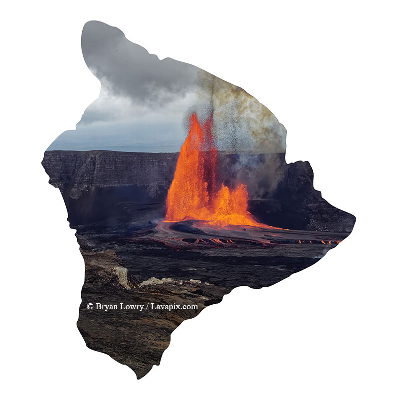 Episode 15_BJL7820 Big Island.jpg :: The white-tailed tropicbird, also known as Koa'e kea in Hawaiian, is a seabird that breeds on tropical islands and lives in the crater walls of Kilauea Volcano's Halemaumau Vent.
Adults have a 3-foot wingspan.
Episode 15 eruption, Lava fountain, Kilauea volcano, Hawaii Volcanoes National Park, The Big Island of Hawaii. 3-26-25

?Printed in the shape of The Big Island of Hawaii
