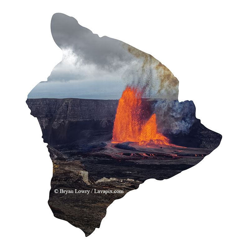 Episode 15_BJL7823 Big Island.jpg :: The white-tailed tropicbird, also known as Koa'e kea in Hawaiian, is a seabird that breeds on tropical islands and lives in the crater walls of Kilauea Volcano's Halemaumau Vent.
Adults have a 3-foot wingspan.
Episode 15 eruption, Lava fountain, Kilauea volcano, Hawaii Volcanoes National Park, The Big Island of Hawaii. 3-26-25

?Printed in the shape of The Big Island of Hawaii
