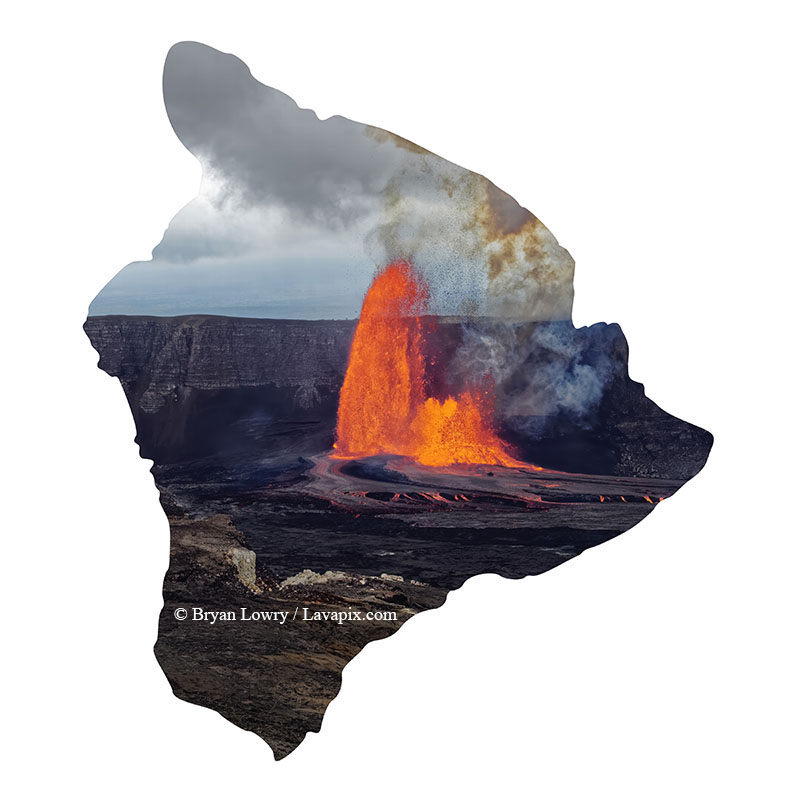 Episode 15_BJL7825 Big Island.jpg :: The white-tailed tropicbird, also known as Koa'e kea in Hawaiian, is a seabird that breeds on tropical islands and lives in the crater walls of Kilauea Volcano's Halemaumau Vent.
Adults have a 3-foot wingspan.
Episode 15 eruption, Lava fountain, Kilauea volcano, Hawaii Volcanoes National Park, The Big Island of Hawaii. 3-26-25

?Printed in the shape of The Big Island of Hawaii
