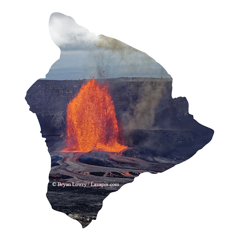 Episode 15_BJL7838 Big Island.jpg :: The white-tailed tropicbird, also known as Koa'e kea in Hawaiian, is a seabird that breeds on tropical islands and lives in the crater walls of Kilauea Volcano's Halemaumau Vent.
Adults have a 3-foot wingspan.
Episode 15 eruption, Lava fountain, Kilauea volcano, Hawaii Volcanoes National Park, The Big Island of Hawaii. 3-26-25

?Printed in the shape of The Big Island of Hawaii
