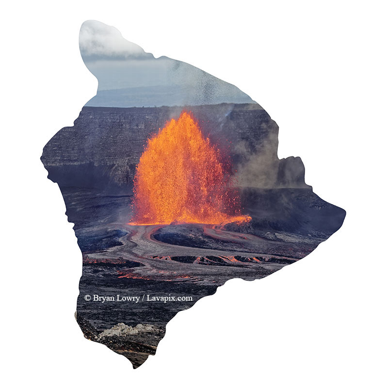 Episode 15_BJL7841 Big Island.jpg :: The white-tailed tropicbird, also known as Koa'e kea in Hawaiian, is a seabird that breeds on tropical islands and lives in the crater walls of Kilauea Volcano's Halemaumau Vent.
Adults have a 3-foot wingspan.
Episode 15 eruption, Lava fountain, Kilauea volcano, Hawaii Volcanoes National Park, The Big Island of Hawaii. 3-26-25

?Printed in the shape of The Big Island of Hawaii
