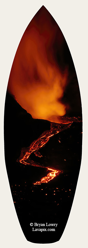 Episode 15_BL9047s.jpg :: The white-tailed tropicbird, also known as Koa'e kea in Hawaiian, is a seabird that breeds on tropical islands and lives in the crater walls of Kilauea Volcano's Halemaumau Vent.
Adults have a 3-foot wingspan.
Episode 15 eruption, Lava fountain, Kilauea volcano, Hawaii Volcanoes National Park, The Big Island of Hawaii. 3-26-25

?Printed in the shape of a surfboard