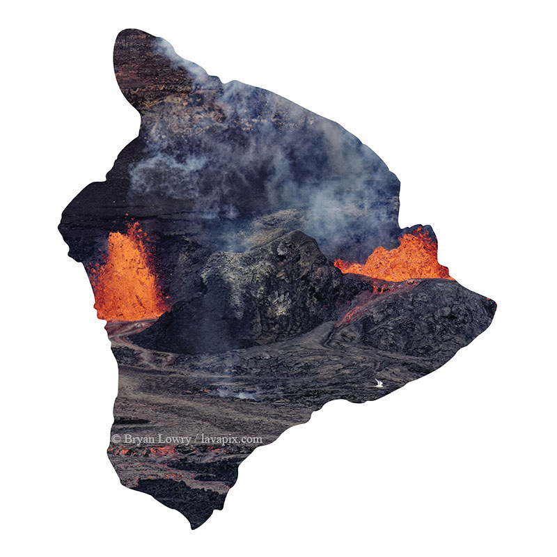 Episode 15_BL9158 Bird_Big Island.jpg :: The white-tailed tropicbird, also known as Koa'e kea in Hawaiian, is a seabird that breeds on tropical islands and lives in the crater walls of Kilauea Volcano's Halemaumau Vent.
Adults have a 3-foot wingspan.
Episode 15 eruption, Lava fountain, Kilauea volcano, Hawaii Volcanoes National Park, The Big Island of Hawaii. 3-26-25

?Printed in the shape of The Big Island of Hawaii