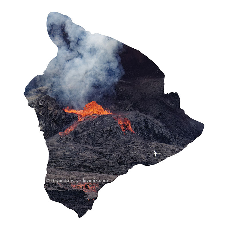 Episode 15_BL9161 Bird_Big Island.jpg :: The white-tailed tropicbird, also known as Koa'e kea in Hawaiian, is a seabird that breeds on tropical islands and lives in the crater walls of Kilauea Volcano's Halemaumau Vent.
Adults have a 3-foot wingspan.
Episode 15 eruption, Lava fountain, Kilauea volcano, Hawaii Volcanoes National Park, The Big Island of Hawaii. 3-26-25

?Printed in the shape of The Big Island of Hawaii