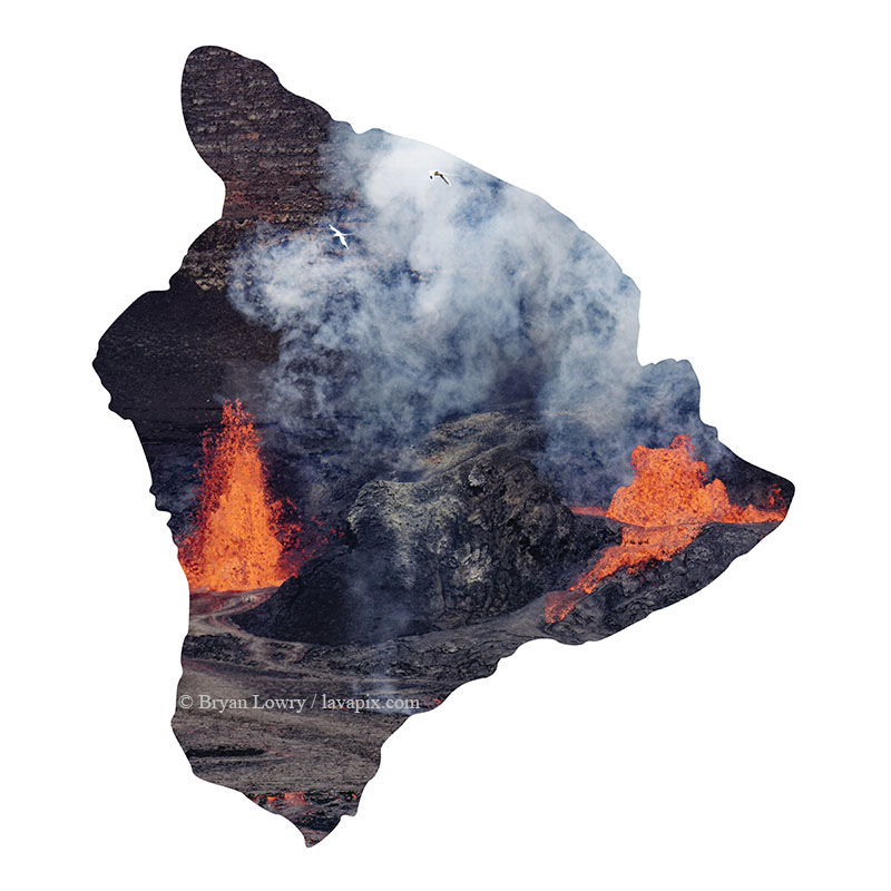 Episode 15_BL9162 Bird_Big Island.jpg :: The white-tailed tropicbird, also known as Koa'e kea in Hawaiian, is a seabird that breeds on tropical islands and lives in the crater walls of Kilauea Volcano's Halemaumau Vent.
Adults have a 3-foot wingspan.
Episode 15 eruption, Lava fountain, Kilauea volcano, Hawaii Volcanoes National Park, The Big Island of Hawaii. 3-26-25

?Printed in the shape of The Big Island of Hawaii