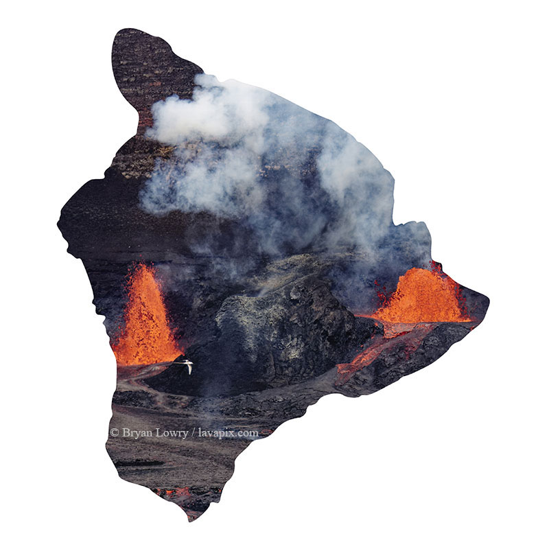 Episode 15_BL9164 Bird_Big Island.jpg :: The white-tailed tropicbird, also known as Koa'e kea in Hawaiian, is a seabird that breeds on tropical islands and lives in the crater walls of Kilauea Volcano's Halemaumau Vent.
Adults have a 3-foot wingspan.
Episode 15 eruption, Lava fountain, Kilauea volcano, Hawaii Volcanoes National Park, The Big Island of Hawaii. 3-26-25

?Printed in the shape of The Big Island of Hawaii