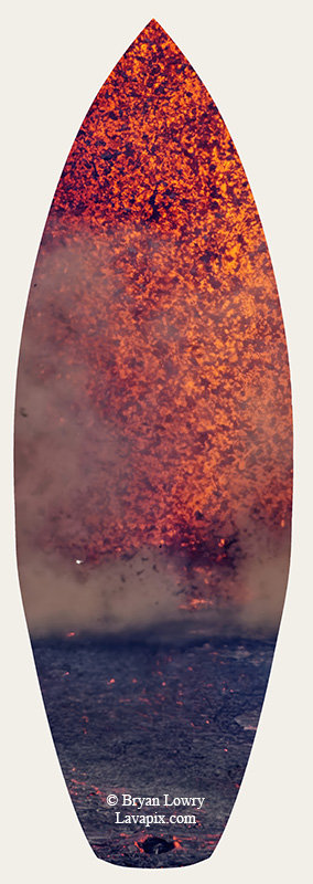 Episode 15_BL9215s Bird.jpg :: The white-tailed tropicbird, also known as Koa'e kea in Hawaiian, is a seabird that breeds on tropical islands and lives in the crater walls of Kilauea Volcano's Halemaumau Vent.
Adults have a 3-foot wingspan.
Episode 15 eruption, Lava fountain, Kilauea volcano, Hawaii Volcanoes National Park, The Big Island of Hawaii. 3-26-25

?Printed in the shape of a surfboard