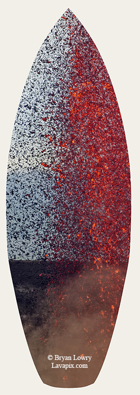 Episode 15_BL9223s-2(1).jpg :: The white-tailed tropicbird, also known as Koa'e kea in Hawaiian, is a seabird that breeds on tropical islands and lives in the crater walls of Kilauea Volcano's Halemaumau Vent.
Adults have a 3-foot wingspan.
Episode 15 eruption, Lava fountain, Kilauea volcano, Hawaii Volcanoes National Park, The Big Island of Hawaii. 3-26-25

?Printed in the shape of a surfboard