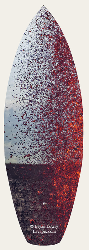 Episode 15_BL9236s Bird(1).jpg :: The white-tailed tropicbird, also known as Koa'e kea in Hawaiian, is a seabird that breeds on tropical islands and lives in the crater walls of Kilauea Volcano's Halemaumau Vent.
Adults have a 3-foot wingspan.
Episode 15 eruption, Lava fountain, Kilauea volcano, Hawaii Volcanoes National Park, The Big Island of Hawaii. 3-26-25

?Printed in the shape of a surfboard