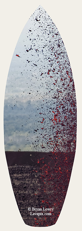 Episode 15_BL9250s Bird.jpg :: The white-tailed tropicbird, also known as Koa'e kea in Hawaiian, is a seabird that breeds on tropical islands and lives in the crater walls of Kilauea Volcano's Halemaumau Vent.
Adults have a 3-foot wingspan.
Episode 15 eruption, Lava fountain, Kilauea volcano, Hawaii Volcanoes National Park, The Big Island of Hawaii. 3-26-25

?Printed in the shape of a surfboard