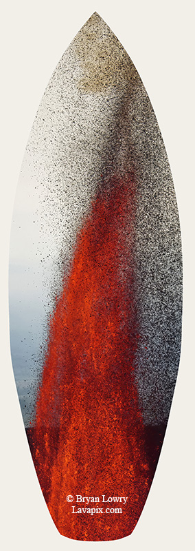 Episode 15_BL9266s.jpg :: The white-tailed tropicbird, also known as Koa'e kea in Hawaiian, is a seabird that breeds on tropical islands and lives in the crater walls of Kilauea Volcano's Halemaumau Vent.
Adults have a 3-foot wingspan.
Episode 15 eruption, Lava fountain, Kilauea volcano, Hawaii Volcanoes National Park, The Big Island of Hawaii. 3-26-25

?Printed in the shape of a surfboard