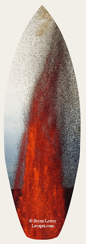 Episode 15_BL9267s(1).jpg :: The white-tailed tropicbird, also known as Koa'e kea in Hawaiian, is a seabird that breeds on tropical islands and lives in the crater walls of Kilauea Volcano's Halemaumau Vent.
Adults have a 3-foot wingspan.
Episode 15 eruption, Lava fountain, Kilauea volcano, Hawaii Volcanoes National Park, The Big Island of Hawaii. 3-26-25

?Printed in the shape of a surfboard