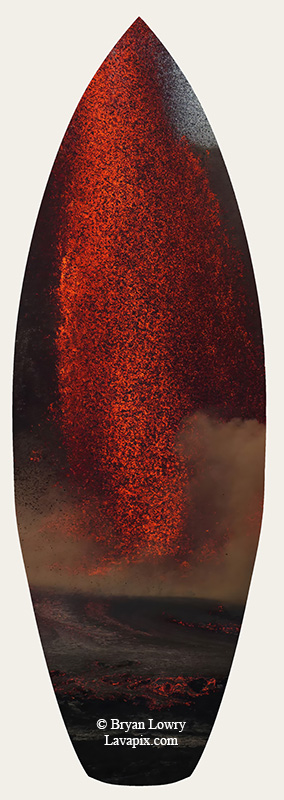 Episode 15_BL9287s.jpg :: The white-tailed tropicbird, also known as Koa'e kea in Hawaiian, is a seabird that breeds on tropical islands and lives in the crater walls of Kilauea Volcano's Halemaumau Vent.
Adults have a 3-foot wingspan.
Episode 15 eruption, Lava fountain, Kilauea volcano, Hawaii Volcanoes National Park, The Big Island of Hawaii. 3-26-25

?Printed in the shape of a surfboard