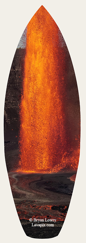 Episode 15_BL9289s.jpg :: The white-tailed tropicbird, also known as Koa'e kea in Hawaiian, is a seabird that breeds on tropical islands and lives in the crater walls of Kilauea Volcano's Halemaumau Vent.
Adults have a 3-foot wingspan.
Episode 15 eruption, Lava fountain, Kilauea volcano, Hawaii Volcanoes National Park, The Big Island of Hawaii. 3-26-25

?Printed in the shape of a surfboard