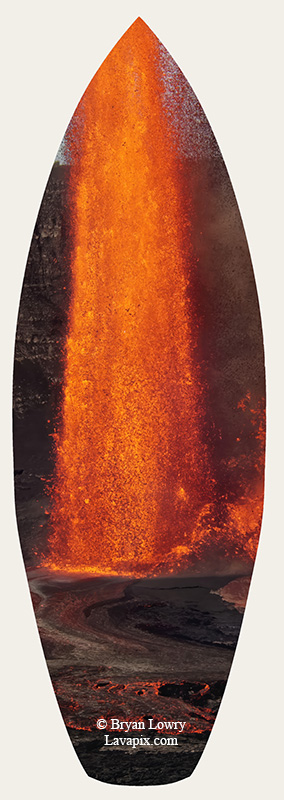 Episode 15_BL9290s Bird(1).jpg :: The white-tailed tropicbird, also known as Koa'e kea in Hawaiian, is a seabird that breeds on tropical islands and lives in the crater walls of Kilauea Volcano's Halemaumau Vent.
Adults have a 3-foot wingspan.
Episode 15 eruption, Lava fountain, Kilauea volcano, Hawaii Volcanoes National Park, The Big Island of Hawaii. 3-26-25

?Printed in the shape of a surfboard