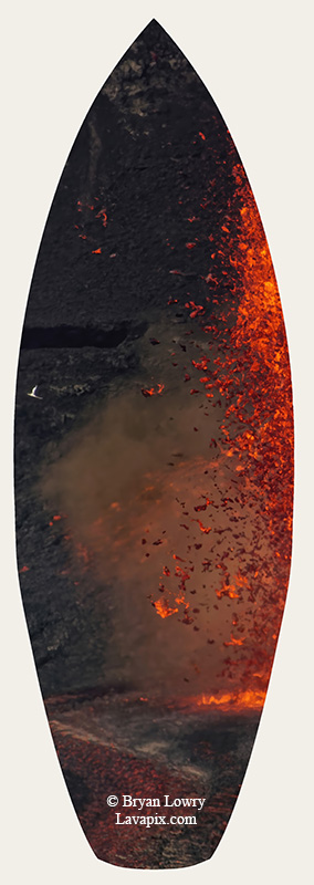 Episode 15_BL9304s Bird.jpg :: The white-tailed tropicbird, also known as Koa'e kea in Hawaiian, is a seabird that breeds on tropical islands and lives in the crater walls of Kilauea Volcano's Halemaumau Vent.
Adults have a 3-foot wingspan.
Episode 15 eruption, Lava fountain, Kilauea volcano, Hawaii Volcanoes National Park, The Big Island of Hawaii. 3-26-25

?Printed in the shape of a surfboard