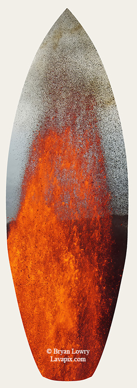 Episode 15_BL9312s(1).jpg :: The white-tailed tropicbird, also known as Koa'e kea in Hawaiian, is a seabird that breeds on tropical islands and lives in the crater walls of Kilauea Volcano's Halemaumau Vent.
Adults have a 3-foot wingspan.
Episode 15 eruption, Lava fountain, Kilauea volcano, Hawaii Volcanoes National Park, The Big Island of Hawaii. 3-26-25

?Printed in the shape of a surfboard