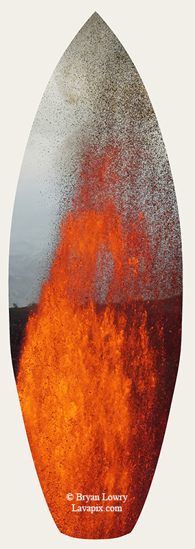 Episode 15_BL9314s.jpg :: The white-tailed tropicbird, also known as Koa'e kea in Hawaiian, is a seabird that breeds on tropical islands and lives in the crater walls of Kilauea Volcano's Halemaumau Vent.
Adults have a 3-foot wingspan.
Episode 15 eruption, Lava fountain, Kilauea volcano, Hawaii Volcanoes National Park, The Big Island of Hawaii. 3-26-25

?Printed in the shape of a surfboard