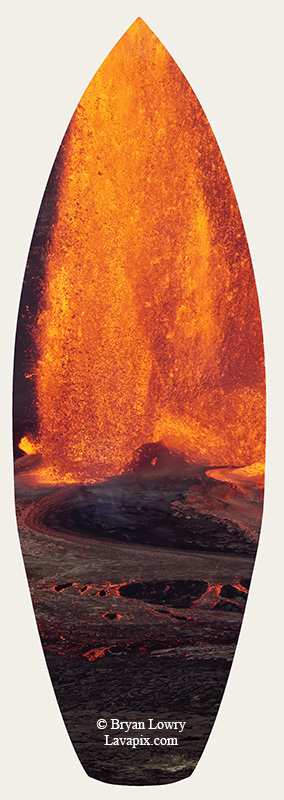 Episode 15_BL9317s(1).jpg :: The white-tailed tropicbird, also known as Koa'e kea in Hawaiian, is a seabird that breeds on tropical islands and lives in the crater walls of Kilauea Volcano's Halemaumau Vent.
Adults have a 3-foot wingspan.
Episode 15 eruption, Lava fountain, Kilauea volcano, Hawaii Volcanoes National Park, The Big Island of Hawaii. 3-26-25

?Printed in the shape of a surfboard