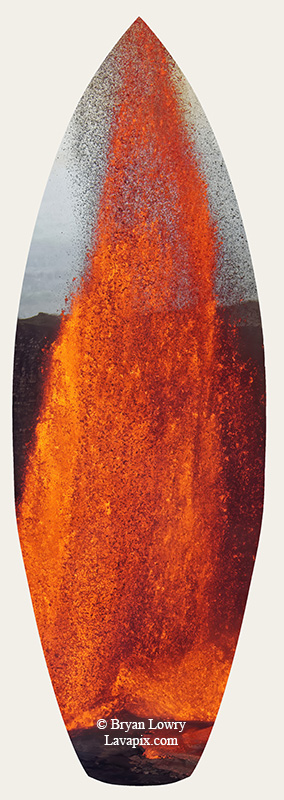 Episode 15_BL9318s.jpg :: The white-tailed tropicbird, also known as Koa'e kea in Hawaiian, is a seabird that breeds on tropical islands and lives in the crater walls of Kilauea Volcano's Halemaumau Vent.
Adults have a 3-foot wingspan.
Episode 15 eruption, Lava fountain, Kilauea volcano, Hawaii Volcanoes National Park, The Big Island of Hawaii. 3-26-25

?Printed in the shape of a surfboard