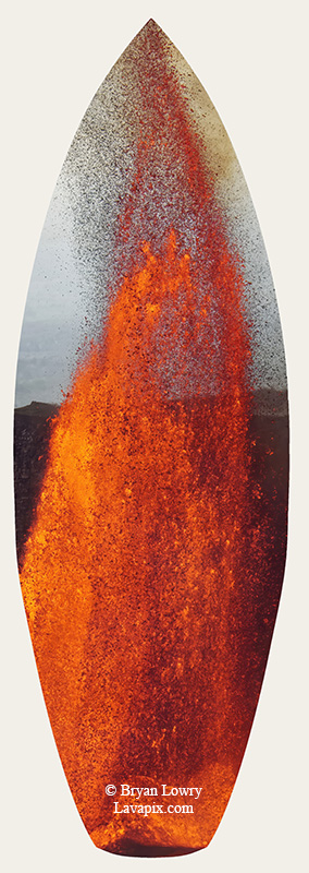 Episode 15_BL9319s.jpg :: The white-tailed tropicbird, also known as Koa'e kea in Hawaiian, is a seabird that breeds on tropical islands and lives in the crater walls of Kilauea Volcano's Halemaumau Vent.
Adults have a 3-foot wingspan.
Episode 15 eruption, Lava fountain, Kilauea volcano, Hawaii Volcanoes National Park, The Big Island of Hawaii. 3-26-25

?Printed in the shape of a surfboard