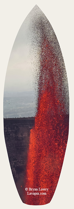 Episode 15_BL9331s Bird(1).jpg :: The white-tailed tropicbird, also known as Koa'e kea in Hawaiian, is a seabird that breeds on tropical islands and lives in the crater walls of Kilauea Volcano's Halemaumau Vent.
Adults have a 3-foot wingspan.
Episode 15 eruption, Lava fountain, Kilauea volcano, Hawaii Volcanoes National Park, The Big Island of Hawaii. 3-26-25

?Printed in the shape of a surfboard