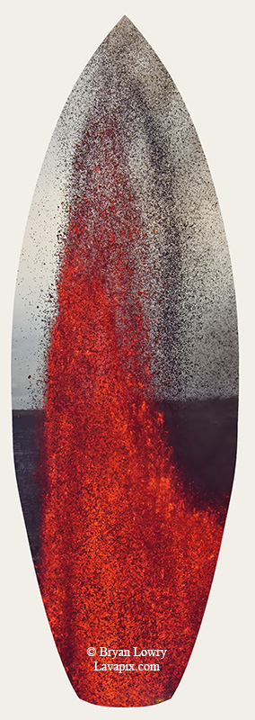 Episode 15_BL9334s-2.jpg :: The white-tailed tropicbird, also known as Koa'e kea in Hawaiian, is a seabird that breeds on tropical islands and lives in the crater walls of Kilauea Volcano's Halemaumau Vent.
Adults have a 3-foot wingspan.
Episode 15 eruption, Lava fountain, Kilauea volcano, Hawaii Volcanoes National Park, The Big Island of Hawaii. 3-26-25

?Printed in the shape of a surfboard