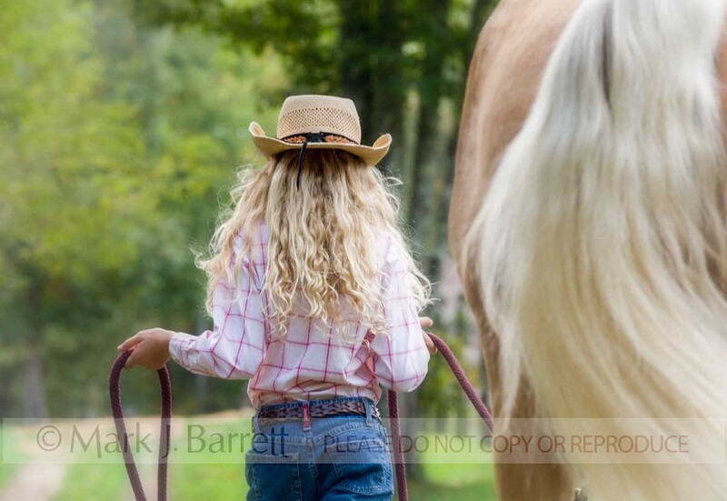 5642A(1).jpg :: Pre-teen blonde hair girl with Palomino horse walking away