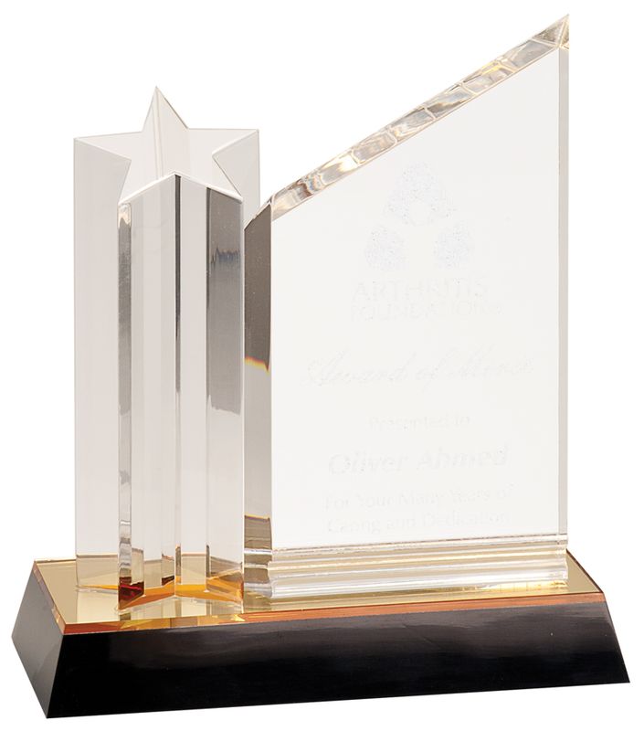 ASC58_(SPECIAL ORDER).jpg :: 8 inch Clear Star Column Acrylic with Clear Plaque and Gold/Black Base