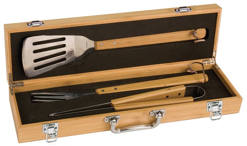 JD-BBQ02.jpg :: 3 Piece Bamboo BBQ Set in Bamboo Case
(INCLUDING CUSTOM ENGRAVING)