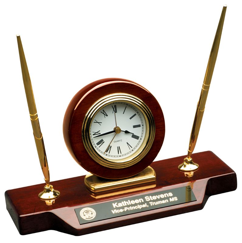 T154_(SPECIAL ORDER).jpg :: 9 x 4 3/4 Piano Finish Desk Clock on Base with 2 Pens