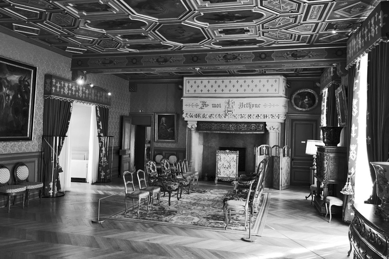 FRA_9882bw(1).jpg :: The Great Room in Château de Sully in the Loire Valley, France