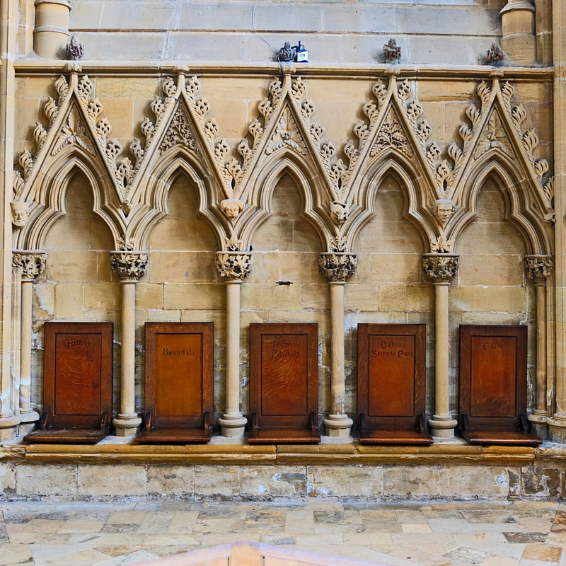 NSW19_0461.jpg :: 13th century stone carvings around the seats in the Chapter House of Southwell Minster, Nottinghamshire