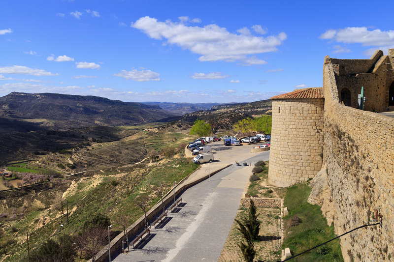 SPN_9623(1).jpg :: View down the tower and wall of Estudi's Gate in the walled city of Morella in the Province of Castellon Spain